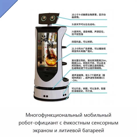 Многофункциональный мобильный робот-официант с ёмкостным сенсорным экраном и литиевой батареей