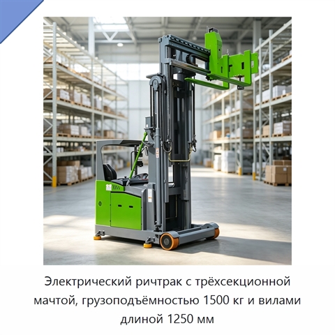 Электрический ричтрак с трёхсекционной мачтой, грузоподъёмностью 1500 кг и вилами длиной 1250 мм