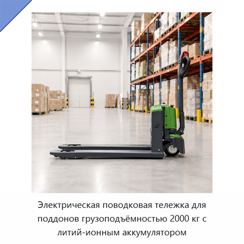Электрическая поводковая тележка для поддонов грузоподъёмностью 2000 кг с литий-ионным аккумулятором