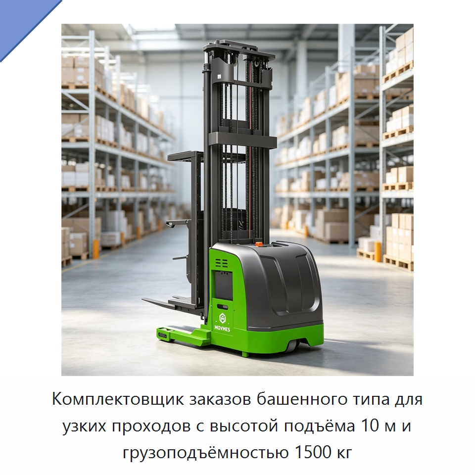 Комплектовщик заказов башенного типа для узких проходов с высотой подъёма 10 м и грузоподъёмностью 1500 кг — Вилочные погрузчики