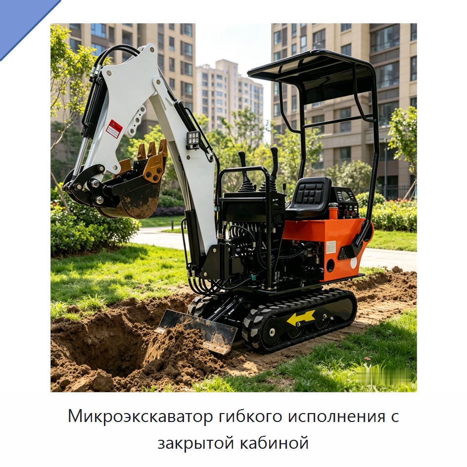 Микроэкскаватор гибкого исполнения с закрытой кабиной — Землеройная техника