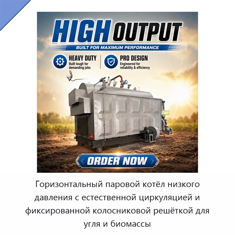 Горизонтальный паровой котёл низкого давления с естественной циркуляцией и фиксированной колосниковой решёткой для угля и биомассы