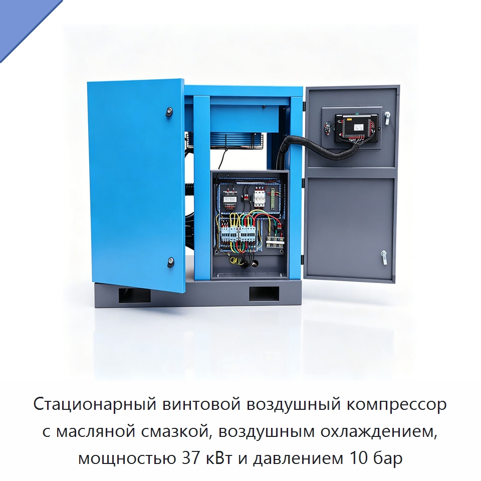 Стационарный винтовой воздушный компрессор с масляной смазкой, воздушным охлаждением, мощностью 37 кВт и давлением 10 бар — Промышленные компрессоры