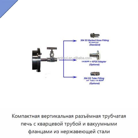 Компактная вертикальная разъёмная трубчатая печь с кварцевой трубой и вакуумными фланцами из нержавеющей стали