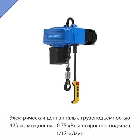 Электрическая цепная таль с грузоподъёмностью 125 кг, мощностью 0,75 кВт и скоростью подъёма 1/12 м/мин