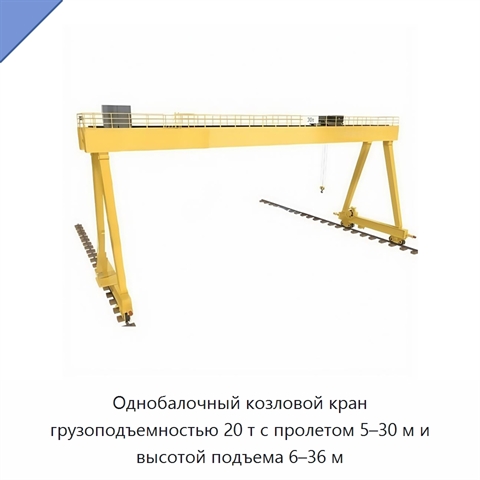 Однобалочный козловой кран грузоподъемностью 20 т с пролетом 5–30 м и высотой подъема 6–36 м