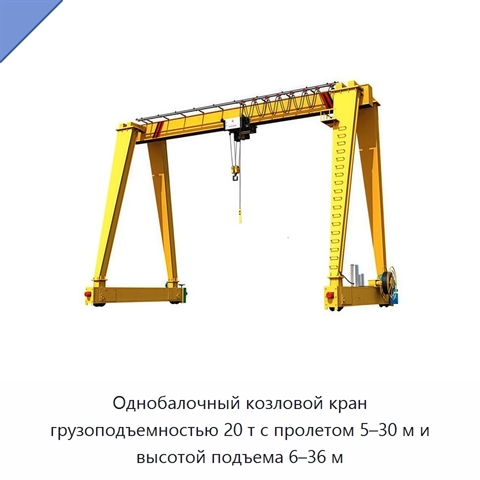 Однобалочный козловой кран грузоподъемностью 20 т с пролетом 5–30 м и высотой подъема 6–36 м