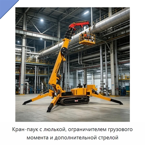 Кран-паук с люлькой, ограничителем грузового момента и дополнительной стрелой