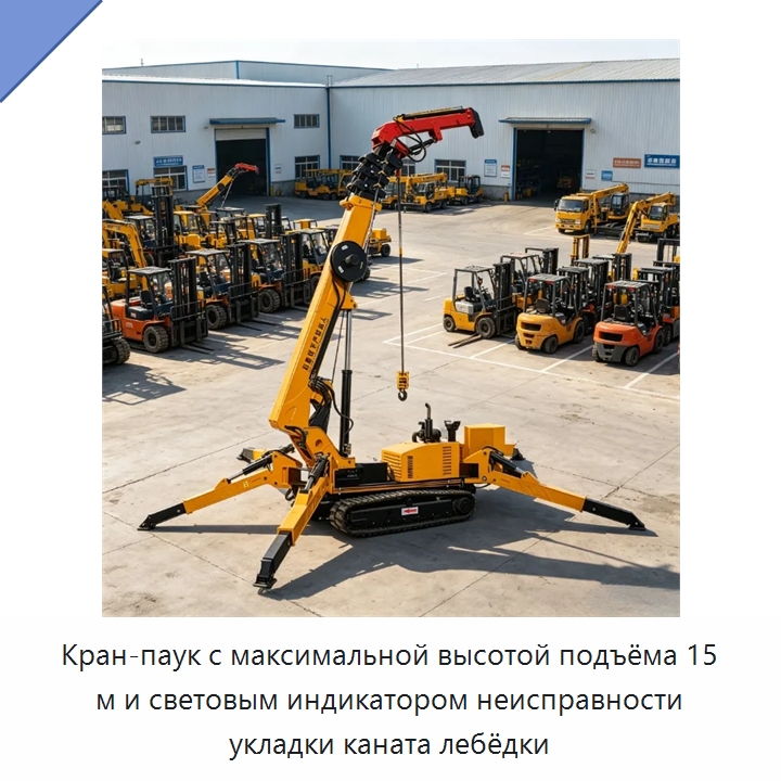 Кран-паук с максимальной высотой подъёма 15 м и световым индикатором неисправности укладки каната лебёдки — Краны