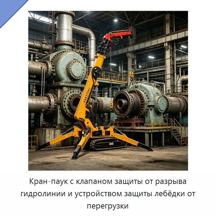 Кран-паук с клапаном защиты от разрыва гидролинии и устройством защиты лебёдки от перегрузки — Краны