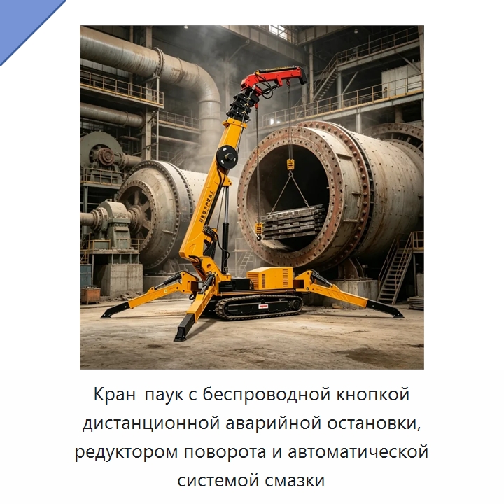 Кран-паук с беспроводной кнопкой дистанционной аварийной остановки, редуктором поворота и автоматической системой смазки — Краны