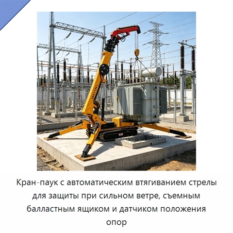 Кран-паук с автоматическим втягиванием стрелы для защиты при сильном ветре, съемным балластным ящиком и датчиком положения опор