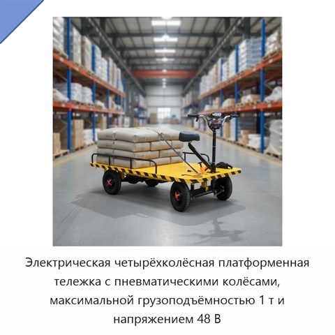 Электрическая четырёхколёсная платформенная тележка с пневматическими колёсами, максимальной грузоподъёмностью 1 т и напряжением 48 В