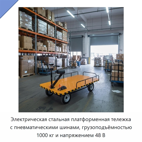 Электрическая стальная платформенная тележка с пневматическими шинами, грузоподъёмностью 1000 кг и напряжением 48 В