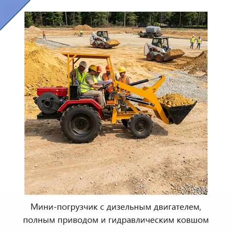Мини-погрузчик с дизельным двигателем, полным приводом и гидравлическим ковшом