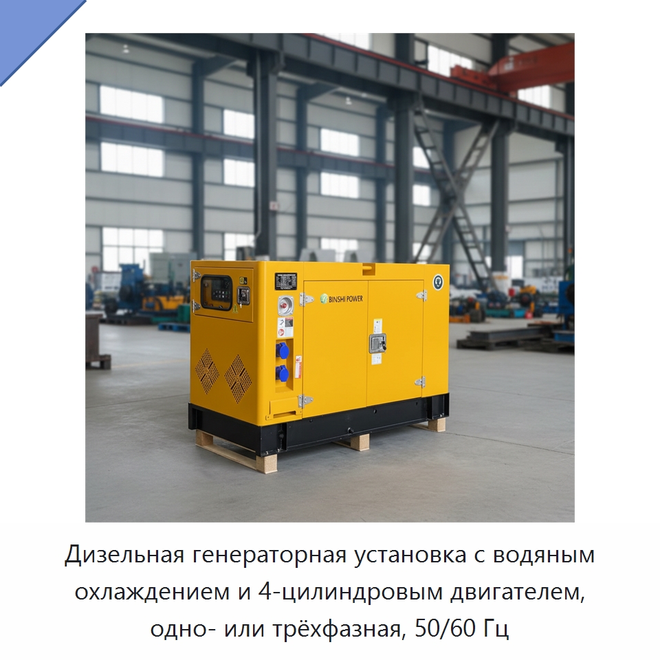 Дизельная генераторная установка с водяным охлаждением и 4-цилиндровым двигателем, одно- или трёхфазная, 50/60 Гц — Дизельные генераторы