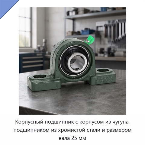 Корпусный подшипник с корпусом из чугуна, подшипником из хромистой стали и размером вала 25 мм